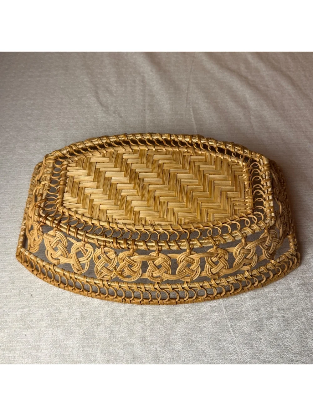 Vintage Wicker Serving Basket Tray Handwoven Rattan Bread Fruit Catchall